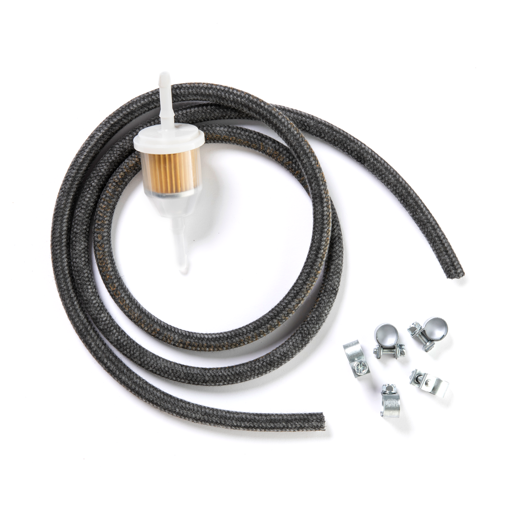German Fuel Line Kit with cloth braided fuel hose, clamps, and in-line fuel filter